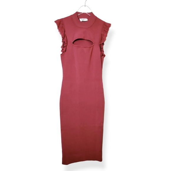 Bailey 44 Pink Bewitched Cutout Ruffle Rib Knit Bodycon Mock Sheath Dress Small - Picture 2 of 8